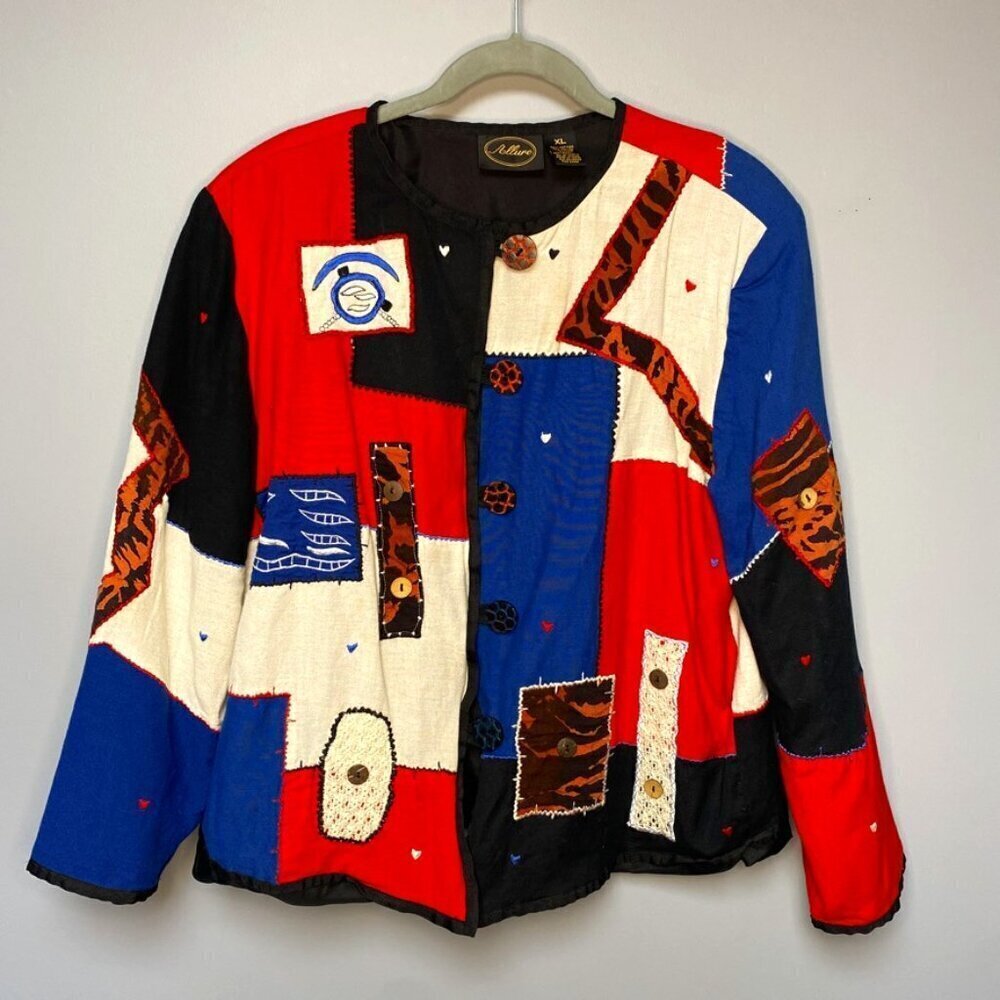 VINTAGE 90s Allure Patchwork Embroidered Button-Up Blazer Womens size‎ XL